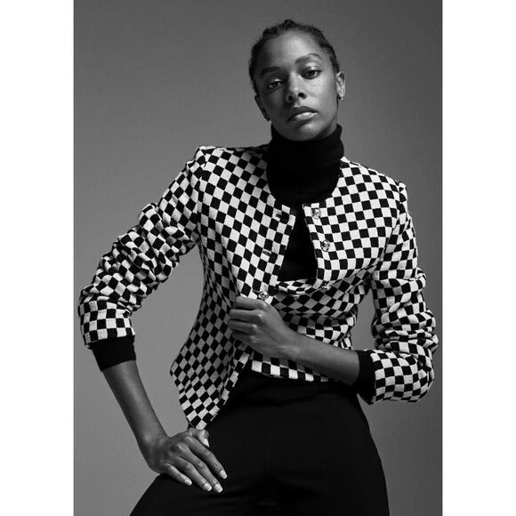 Mango Check Black White Blazer Jacket Textured - Picture 1 of 8